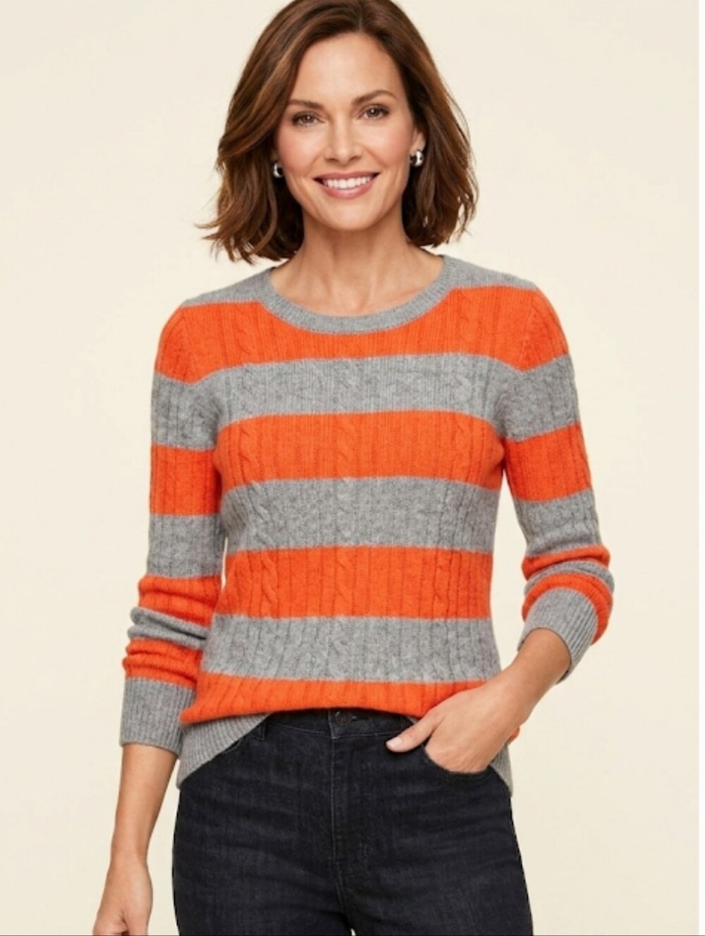 Talbots Lambswool Blend Orange & Gray Cable Knit Pullover Sweater Size L